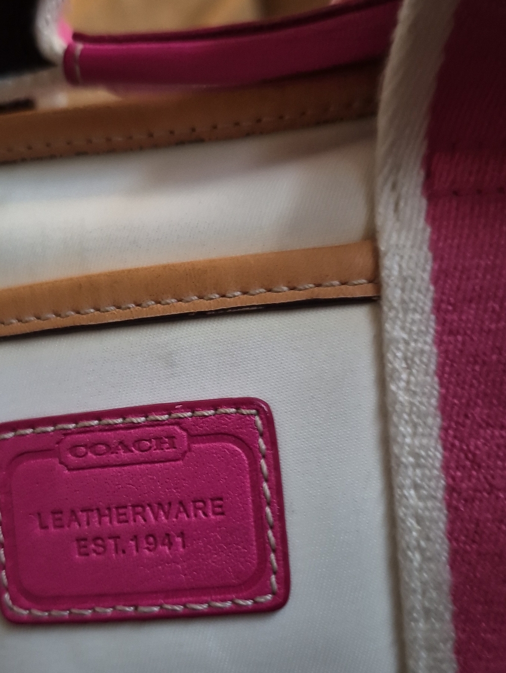 COACH Vintage Y2K Hamptons Weekend Mini Tote.  White With Pink Stripes. - Picture 2 of 9